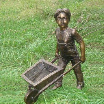 2019 popular life size bronze boy and wheelbarrow planter sculpture decorative garden